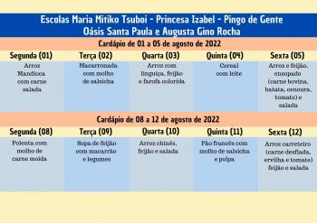 CARDÁPIO DA ALIMENTAÇÃO ESCOLAR PARA O MÊS DE AGOSTO