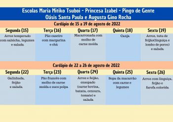 CARDÁPIO DA ALIMENTAÇÃO ESCOLAR PARA O MÊS DE AGOSTO