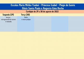 CARDÁPIO DA ALIMENTAÇÃO ESCOLAR PARA O MÊS DE AGOSTO