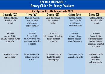 CARDÁPIO DA ALIMENTAÇÃO ESCOLAR PARA O MÊS DE AGOSTO