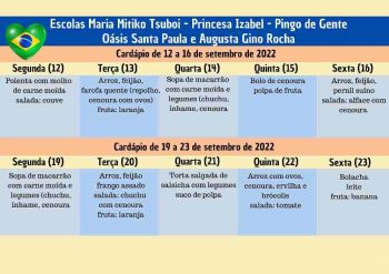 CARDÁPIO DA ALIMENTAÇÃO ESCOLAR PARA O MÊS DE SETEMBRO