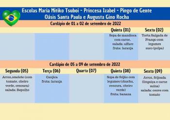 CARDÁPIO DA ALIMENTAÇÃO ESCOLAR PARA O MÊS DE SETEMBRO